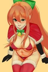 1girls belly_button bikini brown_hair christmas christmas_clothing christmas_outfit cleavage doki_doki_literature_club female female_only green_eyes hi_res high_resolution highres human human_only lplatelets monika_(doki_doki_literature_club) navel nipple_bulge solo solo_female thighhighs