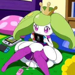 ai_generated bedroom nintendo_switch pokemon pokemon_(species) pussy_juice pussy_juice_drip steenee vibrator_in_pussy