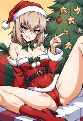 ai_generated blue_eyes cameltoe christmas_outfit christmas_tree erika_itsumi girls_und_panzer indoors itsumi_erika presents smile spread_legs white_hair zfivefan