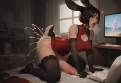 ada_wong ai_generated anthro anthrofied ejaculation futanari rabbit_ears rabbit_girl rabbit_humanoid rabbit_tail samanneb transformation