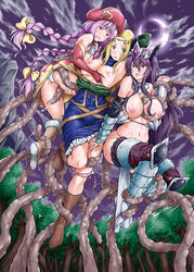 3girls armor armored_boots armpits asymmetrical_docking bangs bare_shoulders bikini_armor blush boots bow braid breast_press breasts brown_boots brown_legwear crescent_moon dress elbow_gloves fantasy forest full_body gloves hair_between_eyes hair_ornament hairbow hat headgear helpless imminent_penetration imminent_rape imminent_sex kimura_neito knee_pads large_breasts long_hair looking_at_viewer moon multiple_girls nature navel night nipples open_mouth original panties panties_around_one_leg pink_panties rape restrained saliva sidelocks small_breasts stomach sweat tentacle thighhighs tied_hair twin_braids underwear wardrobe_malfunction white_panties yellow_bow