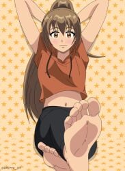 1girls ai_inou arms_behind_head bare_midriff barefoot belly belly_button black_tights brown_hair crossed_legs cute feet female_only foot_fetish kyochuu_rettou orange_hoodie ponytail presenting_feet soles the_island_of_giant_insects toes very_long_hair