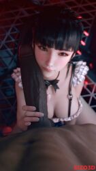 1boy 3d absurdres artist_name black_bow black_bowtie black_hair blush bow bowtie breasts brown_eyes cleavage closed_mouth commentary dark-skinned_male dark_skin dress eizo3d eizo_3d english_commentary eve_(stellar_blade) eyelashes female frilled_dress frills girthy_penis hand_up highres interracial kneeling large_breasts large_penis looking_at_viewer looking_up pectorals penis penis_on_face pov stellar_blade straight variant_set veins veiny_penis very_dark_skin