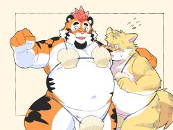 2024 anthro balls belly big_belly blush duo felid genitals hi_res hug inunoshippo kemono male male/male mammal navel orange_body overweight overweight_male pantherine simple_background tiger virtual_youtuber vtuber