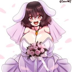 1girls alternate_version_available artist_name big_breasts breasts brown_hair bunny_ears bunny_girl carrot_necklace cleavage clothed_female flowers huge_breasts light-skinned_female red_eyes seireiart solo solo_female tears tears_of_joy tewi_inaba touhou watermark wedding_dress white_background