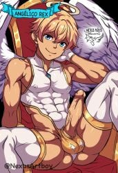 angel angel_boy angel_wings blonde_hair blue_eyes cock gay hard_cock hard_nipples hard_on male male_only oc sexy sexy_suit tight_clothing yaoi