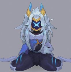 anthro biped bovid bulge caprine clothed clothing detailed_bulge digitigrade drx_kindred esports_series fur genital_outline hair heart_symbol hi_res horn kindred lamb_(league_of_legends) league_of_legends long_hair male mammal mask penis_outline pokemouse ramssa riot_games rule_63 sheep solo tencent white_body white_fur white_hair