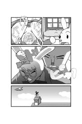 2016 anpanman anthro barusukye censored censored_genitalia censored_pussy closed_eyes cloud comic duo_focus ear_ribbon ejaculation eyewear female flying_saucer food food_creature glasses greyscale group hi_res holding_ear japanese_text lagomorph leporid male male/female mammal mimi_sensei monochrome orgasm outside penetration rabbit school sex shokupanman sky teacher text usako_(anpanman) vaginal_penetration vaginal_penetration weather_vane window