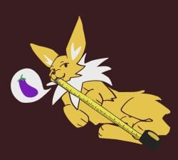 animal_genitalia eeveelution eggplant_emoji feral generation_1_pokemon genitals hi_res jolteon lenny_face looking_at_viewer male meme nintendo pokemon pokemon_(species) sheath simple_background smug_grin solo speech_bubble tape_measure teeth witseoc