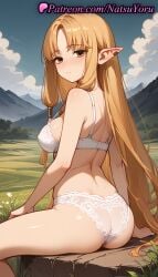 1girls ai_generated anime anime_style ass back bangs bare_arms bare_shoulders blonde_hair blue_sky blush bra breasts brown_eyes bust busty closed_mouth cloud day ear_piercing elf female female_focus female_only frieren_beyond_journey's_end from_behind grass hair_tubes hentai juicy_butt lace-trimmed_panties lace_trim large_breasts lingerie long_hair looking_at_viewer looking_back median_furrow medium_breasts mountain mountainous_horizon natsuyoru outdoors panties parted_bangs piercing pointy_ears serie_(sousou_no_frieren) sideboob sidelocks sitting sky solo solo_female sousou_no_frieren strap_gap thighs underwear underwear_only very_long_hair voluptuous voluptuous_female white_bra white_panties