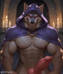 abs ai_generated anthro anthro_male anthro_only big_arms big_pecs black_iris black_nose candles canid canine canine_genitalia canine_penis cape castle colored_sclera detailed_background grey_body grey_fur grin hood knot looking_at_viewer male mammal muscular muscular_arms nipples pecs penis purple_cape purple_hood red_eyes red_sclera sharp_teeth solo standing two_tone_body veiny_muscles veiny_penis wolf yiffinar