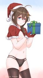 ahoge artist_name black_hair black_legwear blue_eyes blush box braid breasts capelet christmas disco_brando gift gift_box gloves hair_flaps hair_ornament hat kantai_collection nipples panties santa_gloves santa_hat shigure_(kantai_collection) single_braid smile tied_hair twitter_username underwear