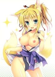 :d absurdres animal_ears aqua_eyes bare_shoulders blonde_hair blush breasts breasts_out cute_fang dog_days female fox_ears fox_tail groin hair_ornament hair_stick halftone halftone_background large_breasts looking_at_viewer mound_of_venus nipples no_panties open_mouth ponytail shiny shiny_skin short_hair simple_background smile solo sparkle tail tailwag tateha_(artist) tateha_(marvelous_grace) tied_hair white_background yukikaze_panettone