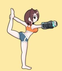 1girls _shirt arm_cannon ass back bangs bare_arms bare_legs bare_shoulders barefoot black_eyes blue_shorts bra breasts brown_hair cleavage closed_mouth clothed_female clothing crop_top dolphin_shorts exercise feet female female flexible foot_up from_behind grabbing_own_leg grey_shorts larg_ leg_up long_hair looking_at_viewer looking_to_the_side medium_breasts medium_hair midriff mii mii_gunner mii_gunner_(smash_4) nintendo one_color_background orange orange_shirt orange_tank_top parted_bangs ponytail seiza shirt short_hair short_shorts shorts side_boob sideboob simple_background soles solo split splits sports_bra sportswear spread_legs standing standing_on_one_leg stretch stretching super_smash_bros. tank_top thick_eyebrows thighs toes underwear vertical_splits weapon yoga