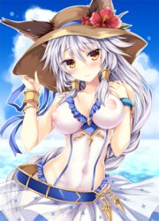 animal_ears armlet ass_visible_through_thighs bangs belt blue_ribbon blue_sky blush bracelet braid breasts cleavage cloud collarbone cowboy_shot crystal embarrassed erun_(granblue_fantasy) eyebrows eyebrows_visible_through_hair female flower frills granblue_fantasy hair_between_eyes hair_tubes hand_on_headwear hat hat_flower hat_ribbon heles hibiscus jewelry large_breasts long_hair looking_at_viewer nipples red_flower ribbon sarong see-through side_cutout silver_hair single_braid sky solo swimsuit tateha_(marvelous_grace) tied_hair very_long_hair white_swimsuit yellow_eyes