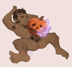 abs balls bara biceps big_balls big_penis critical_role critical_role:_vox_machina erection fucking_pumpkin halloween holidays male male_nipples male_only manly muscular_male nipples nude pecs penis petyrithoe pumpkin pumpkin_masturbation scanlan_shorthalt the_legend_of_vox_machina