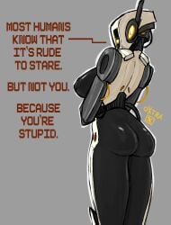 1_eye annoyed anthro armor ass big_breasts big_butt black_body black_skin breasts butt_focus dialogue disappointed english_text female glados glados_(humanoid) headgear helmet humanoid long_legs looking_at_viewer looking_back machine metallic_body orange_eyes oxtra portal_(series) rear_view robot robot_arm robot_humanoid side_boob solo tall text valve white_body white_skin wide_hips wire