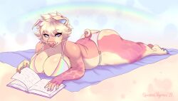 anthro ass big_breasts big_butt bikini blonde_hair book breasts cleavage clothed clothing crystal_(jush) digital_media_(artwork) domestic_pig female hair hi_res lying mammal on_front on_towel shaded solo spottedtigress suid suina sus_(pig) swimwear towel two-piece_swimsuit