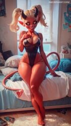 1girls absurd_res absurdres ai_assisted amorphant aroused bed bedroom black_sclera blonde_hair curvy evil_grin female female_only horns indoors long_hair looking_at_viewer medium_breasts monster_girl open_mouth pillow red_skin solo thick_thighs twintails wide_hips window yellow_eyes