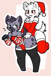 2boys ai_generated blushing boykisser canine christmas christmas_outfit femboy furry furry_only gray_fur hyena no_sex simple_background thighhighs white_fur