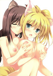 2girls :o absurdres animal_ears aqua_eyes blonde_hair blush breast_grab breasts brioche_d'arquien cat_ears cat_tail closed_eyes cute_fang dog_days dog_ears fox_ears fox_tail grabbing large_breasts long_hair multiple_girls navel nipples nude open_mouth puffy_nipples simple_background smile tail tateha_(artist) tateha_(marvelous_grace) yukikaze_panettone yuri