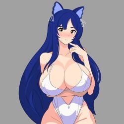 1girls belly_button big_breasts blue_hair blush cat_ears holding_breast long_hair looking_at_viewer mole_under_eye moles_under_eyes nipple_bulge nipples_visible_through_clothing snezha solo_female virtual_youtuber vtuber white_leotard yellow_eyes