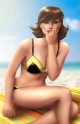 avengers beach bikini blue_eyes brown_hair cleavage gan_(artist) janet_van_dyne large_breasts marvel marvel_comics seaside the_avengers:_earth's_mightiest_heroes wasp_(earth's_mightiest_heroes) wasp_(marvel)