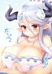 1boy bare_shoulders blush breasts brown_eyes cleavage collarbone deep_skin doraf dress elbow_gloves female flower gloves granblue_fantasy hair_between_eyes hair_flower hair_ornament hat heart horns huge_breasts izmir_(granblue_fantasy) kane-neko long_hair mole mole_under_mouth paizuri paizuri_under_clothes penis pointy_ears silver_hair snowflake_hair_ornament solo_focus straight white_dress white_gloves white_hat