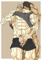 bite clothed gay grappler_baki hand_on_mouth jack_hanma male/male male_focus muscles pickle pickle_(baki) skin_tone_difference unagi_(pixiv) yaoi