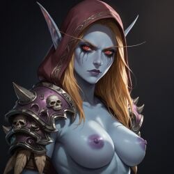 ai_generated blue_skin breasts elf_female female hood pointy_ears purple_areola shoulder_pads sylvanas_windrunner world_of_warcraft