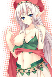 alleyne belt beret blue_eyes blush braid breasts colored elf female hat long_hair midriff navel nipples noumin pointy_ears purple_hair queen's_blade side_braid solo tied_hair