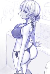 1girls ass big_ass big_breasts bikini braid breasts busty butt_crack cleavage covered_erect_nipples crowd darjeeling fat_ass female female_only girls_und_panzer hair_bun half-closed_eyes highres huge_ass large_breasts legs looking_at_viewer medium_hair monochrome navel open_mouth public_indecency seductive seductive_look sensual sexy side-tie_bikini_bottom sideboob sketch sweat swimsuit thighs thong_bikini tongue voluptuous
