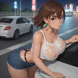 1girls ai_generated anime anime_style ayase_momo bangs big_ass big_breasts booty_shorts brown_hair car car_wash carwash cleavage crop_top dandadan earrings jean_shorts large_ass large_breasts medium_hair messy_hair nipples nipples_visible_through_clothing radnsad short_shorts solo solo_female solo_focus thick_thighs wet_body wet_clothes wet_shirt wet_t-shirt