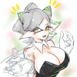 1girls artist_name big_breasts breasts cleavage detached_collar gbeimtama gloves inkling inkling_girl looking_at_viewer marie_(splatoon) mole mole_under_eye nintendo open_mouth pointy_ears splatoon splatoon_1 tentacle_hair