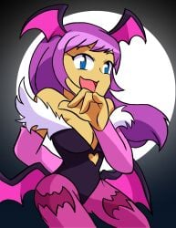 breasts capcom cleavage crossover crossover_cosplay dark_skin darkstalkers datwondoude female large_breasts leotard long_hair moon morrigan_aensland morrigan_aensland_(cosplay) night open_mouth pantyhose purple_hair shantae shantae_(character) skin_tight smile solo succubus tagme wayforward wings