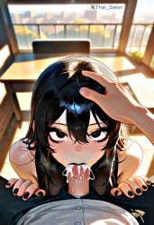 ai_generated black_eyes black_hair black_lipstick blowjob city cum eyes eyes_open eyes_wide eyes_wide_open eyeshadow female girl goth hand_on_another's_head hand_on_head hands_on_thighs in lipstick mouth nail_polish nails point_of_view pov pov_blowjob pov_eye_contact red_eyes scenery thai_salon thaisalon trees wide_eyed