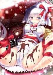 animal_ears barefoot blue_eyes blush bow breasts chocolate chocolate_on_breasts feet female food happy_valentine hat heart looking_at_viewer lying migumigu on_back one-piece_swimsuit original ribbon school_swimsuit short_hair silver_hair soles solo spread_legs swimsuit toes valentine white_school_swimsuit white_swimsuit