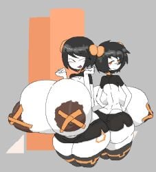 2girls 4four44 augmentations black_hair breasts female gigantic_breasts hyper_breasts pasties tape_pasties thighs white_body