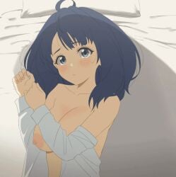 1girls ahoge animated animated_gif bed_sheet blinking blue_eyes blue_hair blush bouncing_breasts breast_jiggle breast_sway breasts breasts_out collarbone female hands_up indoors interior large_breasts looking_at_viewer lying make_heroine_ga_oo_sugiru! medium_hair nipples no_bra on_back on_bed open_clothes open_mouth open_shirt pillow pov shirt shy sincos solo talking_to_viewer topless white_shirt yanami_anna