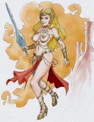 1girls adora blonde_hair blue_eyes bracelet crossover_cosplay dejah_thoris_(cosplay) gold_pasties headwear highres holding_weapon jewelry john_carter_of_mars loincloth long_hair looking_at_viewer mattel princess_adora ronry_drawdude royalty she-ra she-ra_princess_of_power sword voluptuous