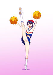 arms_up ass censored cheering cheerleader female gradient gradient_background kaburagi_yuki leg_lift leg_up nipple_bulge nipples_visible_through_clothing no_panties original pom_poms ponytail purple_hair pussy skirt solo standing standing_on_one_leg tied_hair vertical_splits white_background yellow_eyes