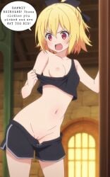 1girls ai_generated angry barely_visible_genitalia belly blonde_hair booty_shorts crop_top exposed_breasts exposed_pussy felt_(re:zero) innie_pussy loose_clothes mostly_nude navel nipples one_breast_out partially_clothed partially_visible_vulva pussy re:zero_kara_hajimeru_isekai_seikatsu red_eyes short_hair small_breasts smaller_female solo speech_bubble talking talking_to_another thighs