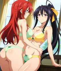 2females ai_generated akeno_himejima big_ass black_hair curvy_female dominant_females female_only grabbing_another's_waist green_bikini green_bra green_panties high_school_dxd large_breasts light-skinned_female long_hair red_hair rias_gremory wakih yellow_bikini yellow_bra yellow_panties yuri