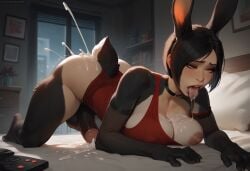 ada_wong ai_generated anthro anthrofied ejaculation futanari rabbit_ears rabbit_girl rabbit_humanoid rabbit_tail samanneb transformation