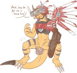 anthro armor bandai_namco claws cybernetics cyborg digimon digimon_(species) english_text genitals gun_arm hair headgear helmet hi_res machine male male_only orange_body p.v.su penis prehensile_penis red_hair rizegreymon scalie solo striped_body stripes text wings