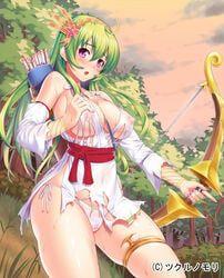 1girls ahoge areola arrow blush bow_(weapon) bracelet breasts cameltoe cleavage cloud cowboy_shot curvy detached_sleeves dress erect_nipples female female_only green_hair hair_ornament hairband jewelry kawase_seiki large_breasts legband long_hair long_sleeves looking_at_viewer midriff navel nipple_bulge nipples no_bra official_art open_mouth original outdoors panties pink_eyes purple_eyes quiver sash see-through side-tie_panties solo standing sunset sweat torn_clothes torn_dress tree underwear very_long_hair watermark weapon white_dress white_panties