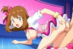 ai_generated ass blouse bows breasts brown_hair doggy_style green_eyes haruka_(pokemon) idol may_(pokemon) may_(pokemon_oras) neckline neon_lights nightclub nipples penetration pleasure_face pokemon pokemon_oras sex sexy sexy_body sexy_cleavage sexy_pose sexy_smile skirt things vaginal_penetration