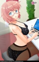 1girls alternate_version_available areolae ass black_bra black_panties black_underwear blue_eyes blush blush_lines bra bra_and_panties breasts chair clouddg doki_doki_literature_club female female_only glasses hairbow how just_sayori looking_at_viewer looking_back office office_chair office_lady panties pantyhose red_bow sayori_(doki_doki_literature_club) short_hair sideboob sitting sitting_on_chair smile solo solo_female solo_only underwear