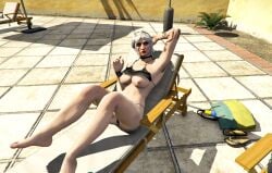 ass bikini choker exposed_breasts female fiona_stewart large_breasts nopixel sunbathing tattoo tattoos white_hair