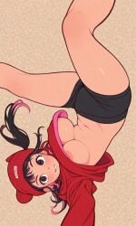 1girls ai_generated baggy_clothing beanie breakdancing flat_colors handstand hoodie kosine1777 kosineverse large_breasts nipple_peek nipple_slip nipples original original_character pink_streak shorts tammy_(kosine1777) twintails upside-down